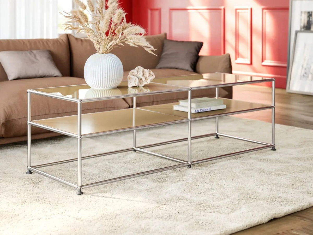 USM Haller sófaborð með glerplötu og beige hillu